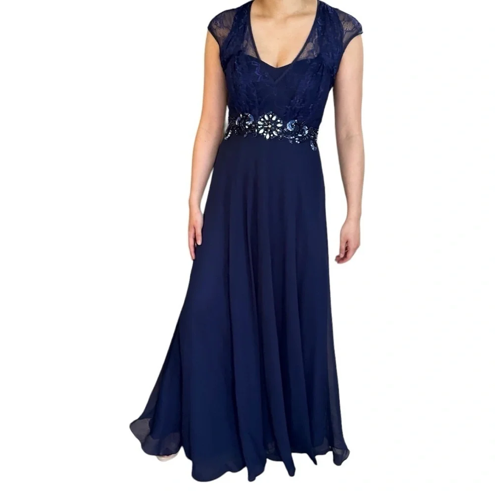 LAURA PETITE ROYAL BLUE V-NECK RHINESTONE DETAIL PROM FORMAL EVENING GOWN SIZE 4 - Picture 2 of 16